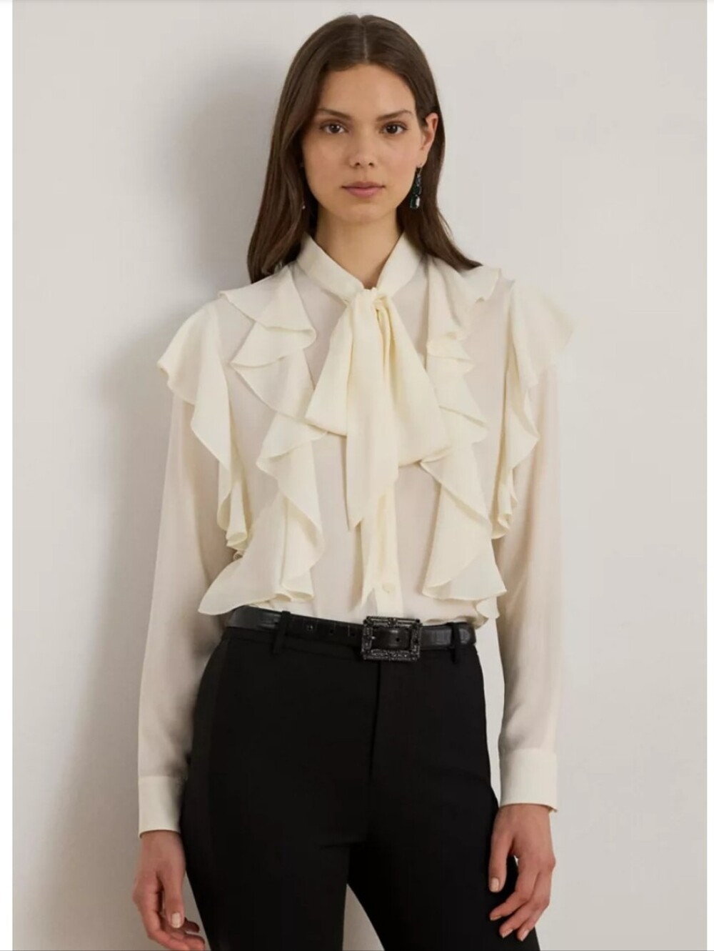 Ralph Lauren Ruffle-Trim Georgette Tie-Neck Blouse
